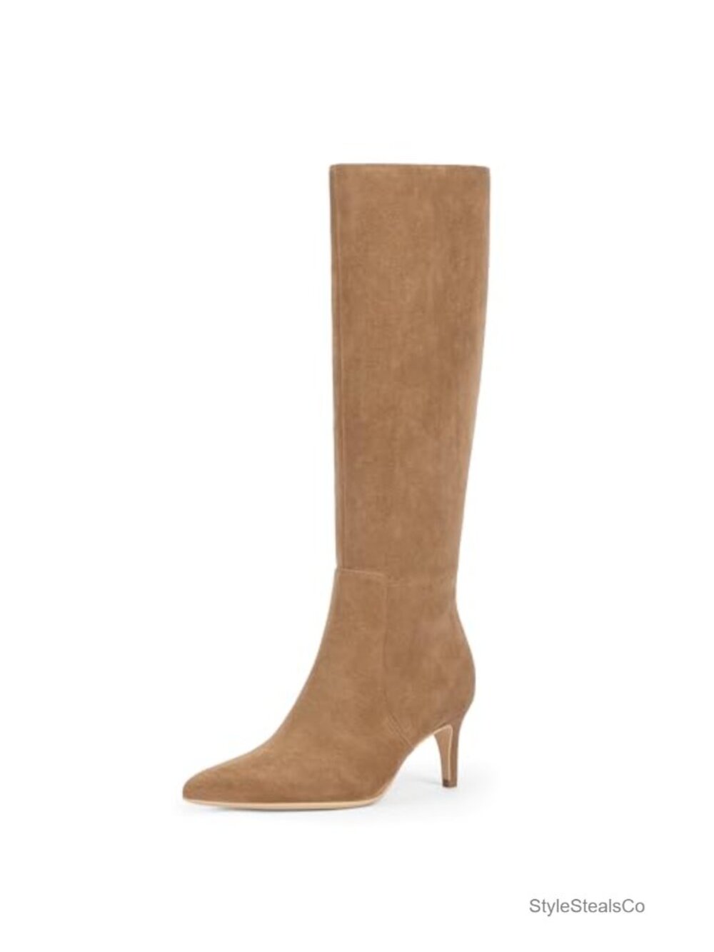 Kitten Heel Knee High Boots Faux Suede Pointed Toe Side Zip Women's